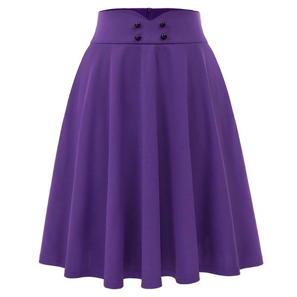 

purple women skirt vintage retro elegant lolita button pocket solid color high waist flared a-line knee-length skater skirt lady, Black