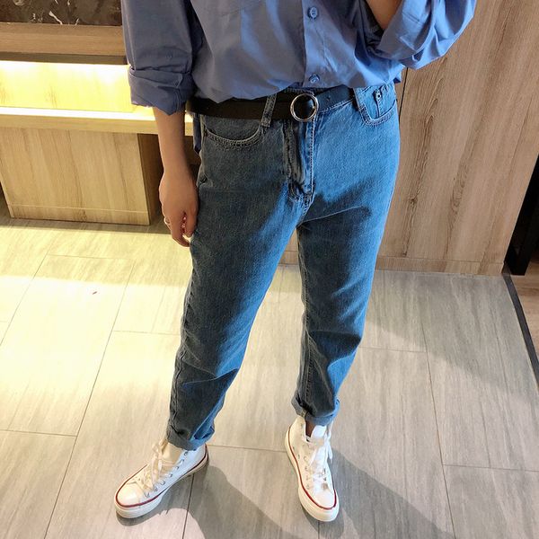 

amazon dark color jeans women's 2019 autumn new products casual versatile trousers with belt 2032, Blue