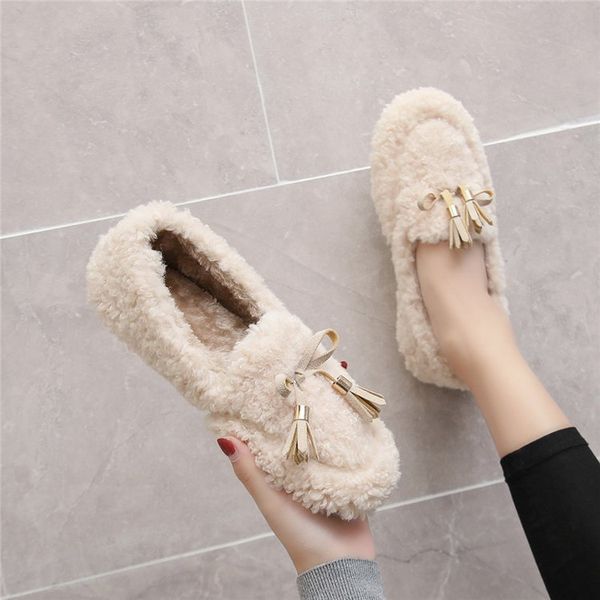 

casual woman shoe loafers fur moccasin shoes white sneakers bow-knot women autumn 2019 fashion women's round toe all-match, Black