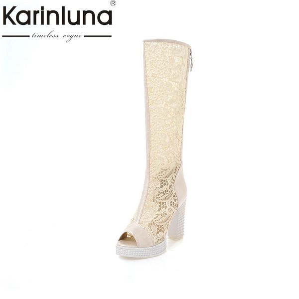 

karin new fashion solid lace square high heels peep toe zip platform shoes woman casual summer boots big size 33-43, Black