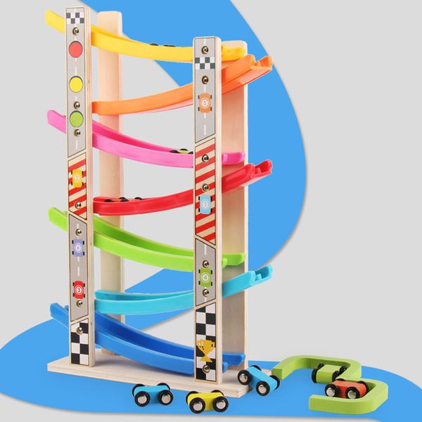

wooden 7-layer ramp race track & 8 mini inertia car sliding toy vehicel&train baby toddler motor skill developmental kids gift