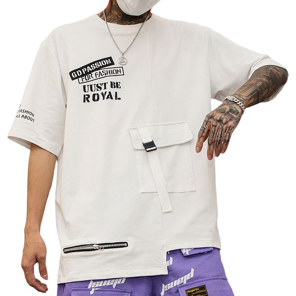 

men summer pocket zipper design short sleeve print t shirt male streetwear hip hop loose casual tshirt stage show tees shirts, White;black