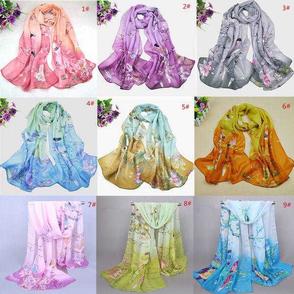 

chinese style scarf brand new fashion women chiffon wraps 2019 spring and autumn quality birds flowers print shawls wholesale lsf097, Blue;gray