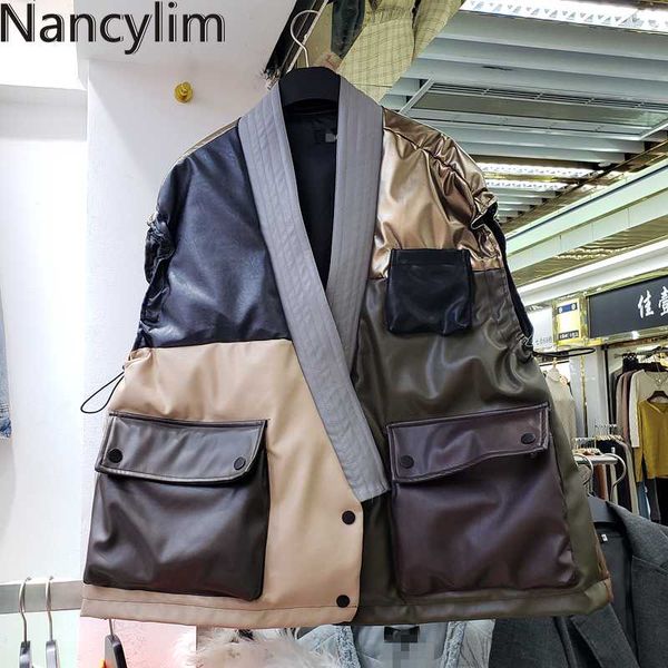 

leather vest women 2019 winter new color contrast splicing big pocket white duck down leather coat down vest female trend, Black;white