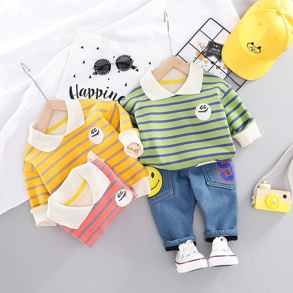 

2019 explosion models fashion casual autumn and winter children's lapel striped sweater long sleeve suit plus velvet two-piece, White