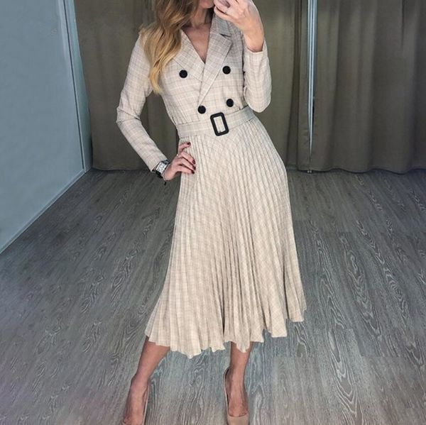 

vintage pleated belt plaid blazer dresses 2019 autumn winter designer fashion elegant office v neck long sleeve mid party dresses streetwear, Black