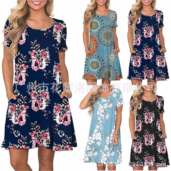

2019 round collar printing pocket short sleeve dress in skirt, Red;white
