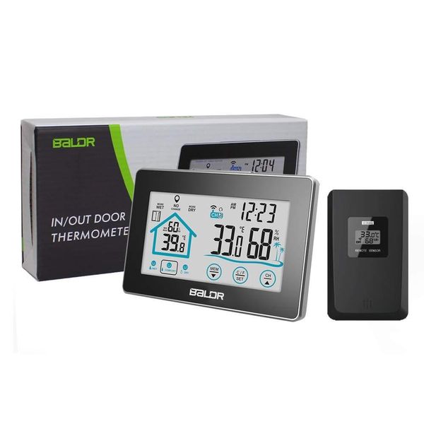 Baldr Início LCD Estação meteorológica toque de botão In / Temperatura exterior umidade sem fio Sensor higrômetro relógio termômetro digital 000