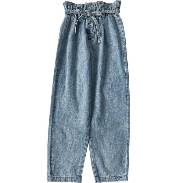 

korean fashion blue jeans woman vintage washed high waist jeans female casual loose elastic waist pockets denim pants woman