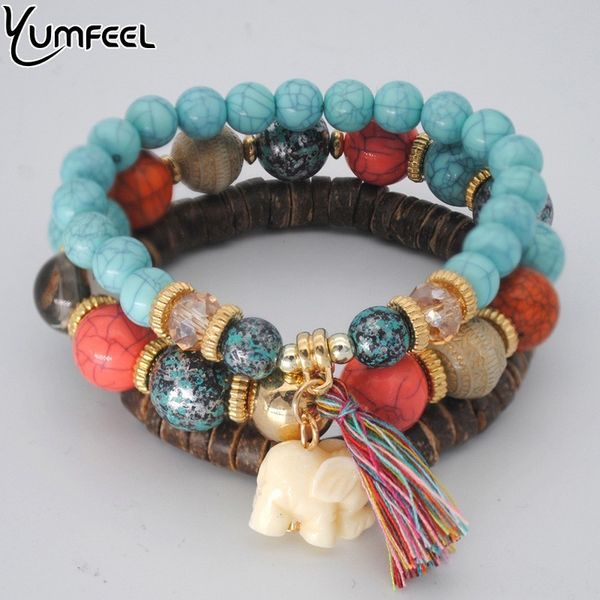 

yumfeel women beaded bracelets bohemia elephant tassel charm bracelets & bangles set boho vintage jewelry layered bracelets, Black