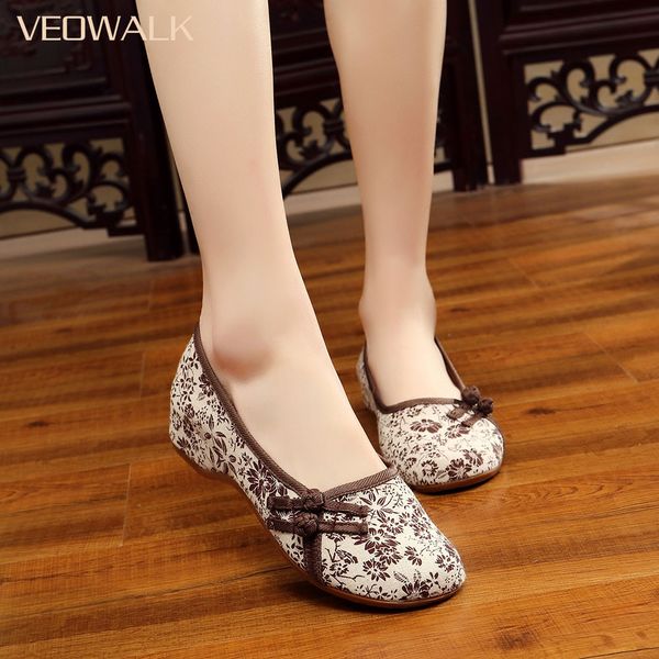 

veowalk floral fabric women slip on ballet flats vintage chinese ladies comfort soft canvas shoes cotton buttons sapato feminino, Black