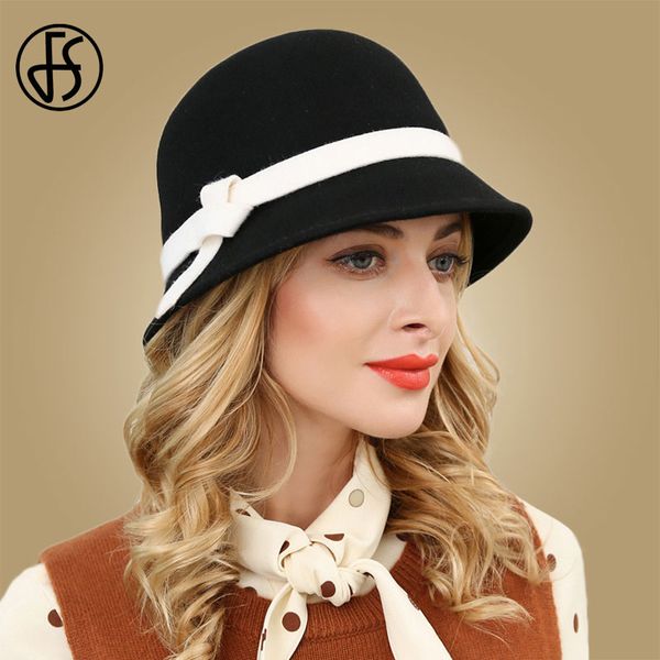 

fs vintage black red wool fedora hat wide brim women 2019 felt autumn hats ladies elegant bow winter bowler cloche hats, Blue;gray