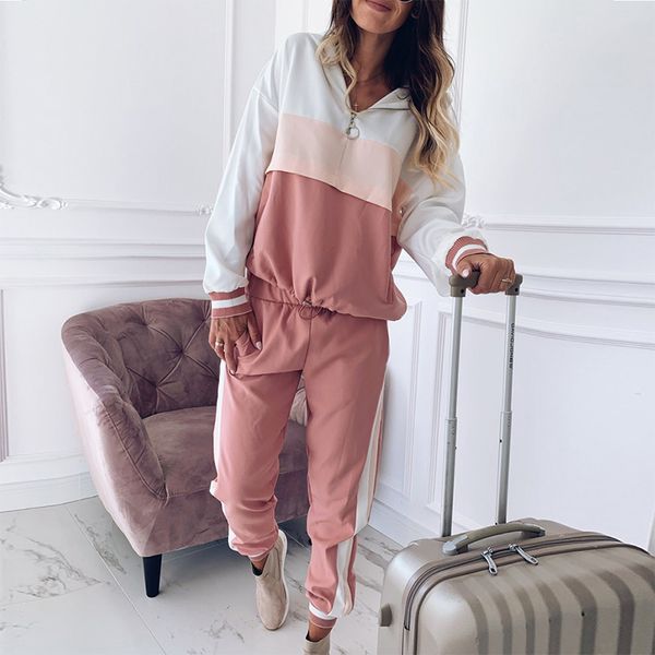 

2020 casual women tracksuit spring autumn jogger set patchwork long sleeve pullovers loose sweatshirt and sweatpant plus size, White