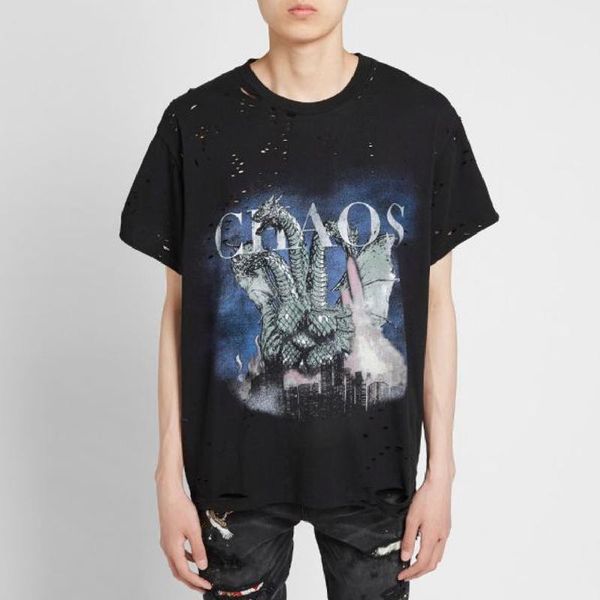 

20ss am1r1 high street vintage hole t-shirt three-headed dragon spout flames fire tee men women casual short sleeves summer hfymtx722, White;black