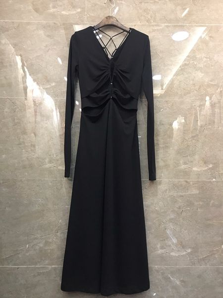 

autumn and winter 2019 new women's deep v-neck wrinkled chest drawstring long sleeve long dress 1111, Black;gray