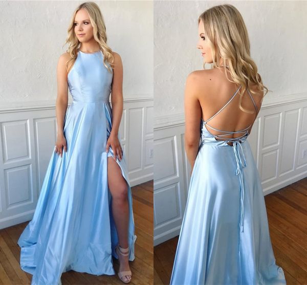 

дешевые небесно-голубые спагетти-линии платья выпускного вечера элегантное вечернее платье с открытой спиной длинные атласные высокие сторон, Black;red