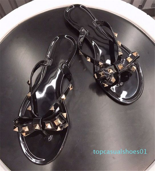 

als rivets brands bow knot flat slippers sandal studded girl shoes cool beach jelly platform slides lady flip flops 35-41 t01, Black