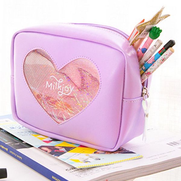 

pu holographic travel cosmetic makeup bag transparent heart toiletry case wash pouch organizer storage pink,silver,purple