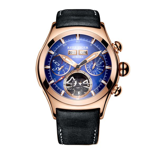 

reef tiger / rt мужские часы розовое золото автоматические часы турбийон коричневый кожаный ремешок синий циферблат часы rga7503, Slivery;brown