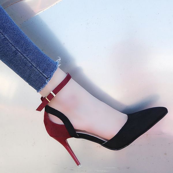 

2019 new pointed color matching suede stiletto with a buckle with a single shoes female, Black
