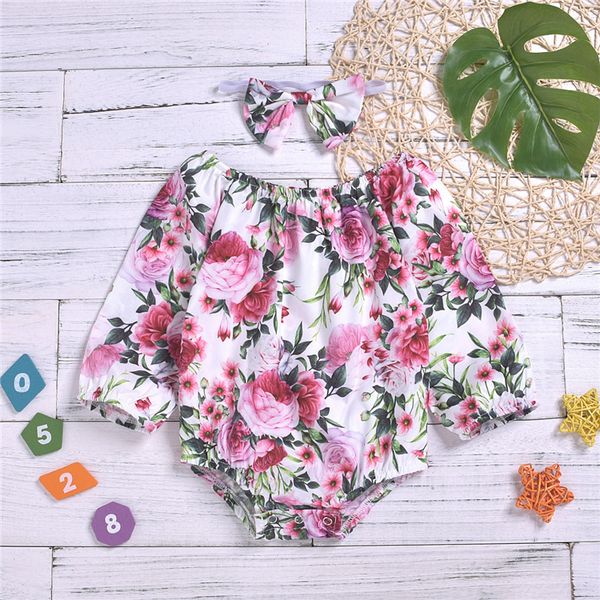 

autumn new baby jumpsuits rompers 2 styles baby girls long sleeve flower printed jumpsuits+headband 2 piece set baby kid clothes jy734, Blue