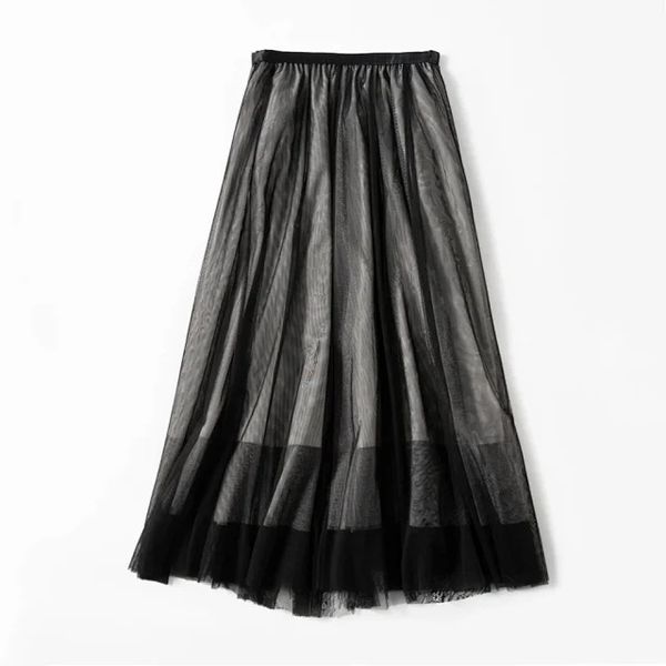 

2020 spring summer women's mesh midi skirt elastic waist lace floral multi-layer a-line skirt, Black