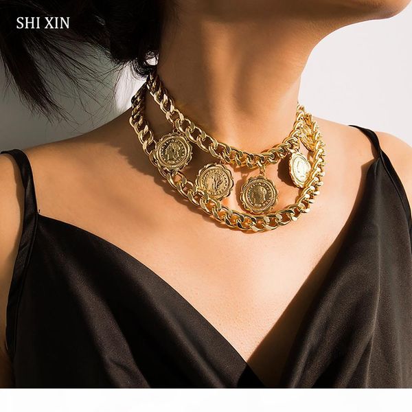 

shixin hip hop chunky necklace for women punk layered chain choker necklaces vintage coin pendant necklaces personalized jewelry, Silver