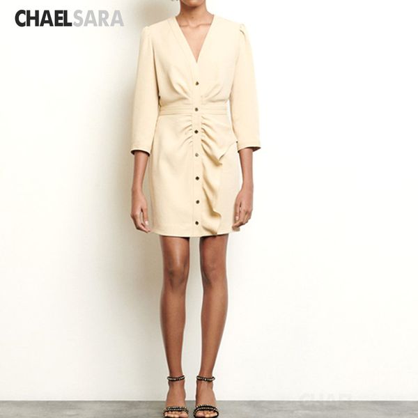 

к 2020 году новых женщин элегантный оборками леди платье сладкий одежда платье свободного покроя три четверти v шеи мини, Black;gray