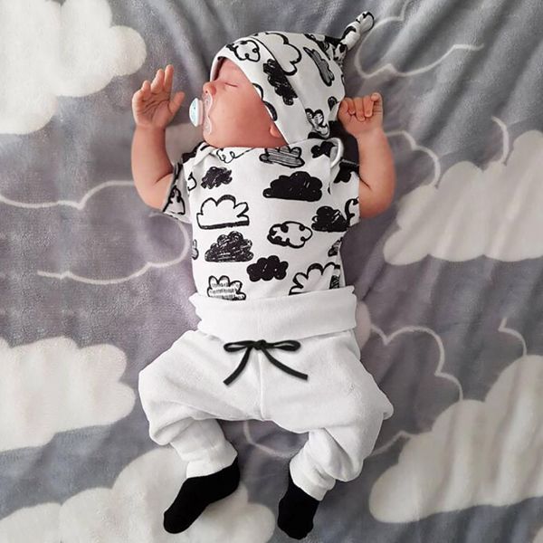 

children clothes newborn infant baby girl boy cloud print t shirt +pants outfits clothes set kids 3pcs suit #06, White