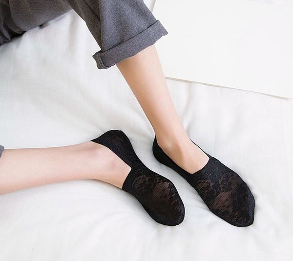 

non-slip summer antiskid slippers 1pair=2pcs invisible cotton sole silica gel anti-slip sock women lace boat socks girl, Black;white