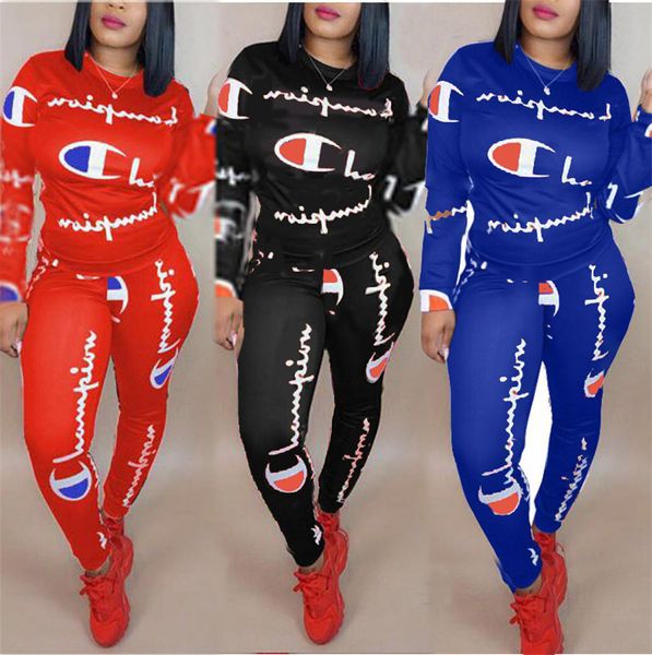 

women champions tracksuit long sleeve t shirt + pants leggings 2 piece set autumn t-shirt outfits letter designer sportswear clothing, White