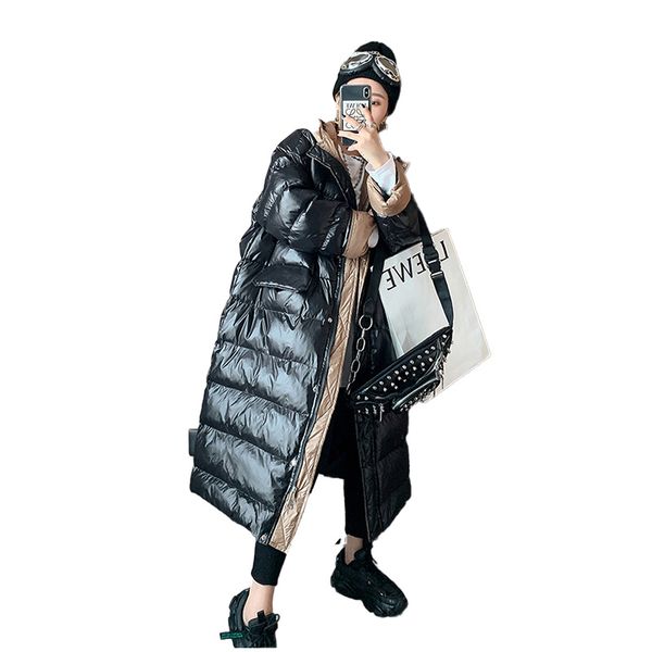 

2020 winter new shiny cotton coat female long section korean fashion bread service loose student long sleeve solid color coat n2, Black