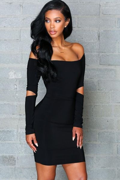 

женщины дизайнер bodycon платье сплошного цвет slash шея платье с длинными рукавами весенней одежды, Black;gray