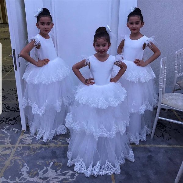 Beyaz Tüyler Düğün kap Kol Mücevher Parti Abiye Bebek Mezuniyet Yarışması törenlerinde İçin Dantel Cupcake Çiçek Kız Elbise Juniors