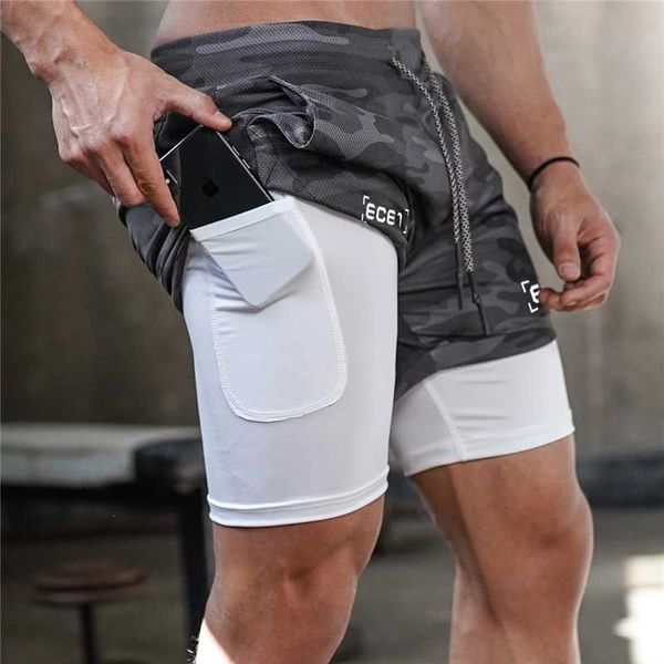 Camuflagem Dupla-deck Corrida Corrida Homens Ginásio Desgaste Wear Workout Shorts Sport Fitness Athletic Bodybuilding Sportwear Gym Men