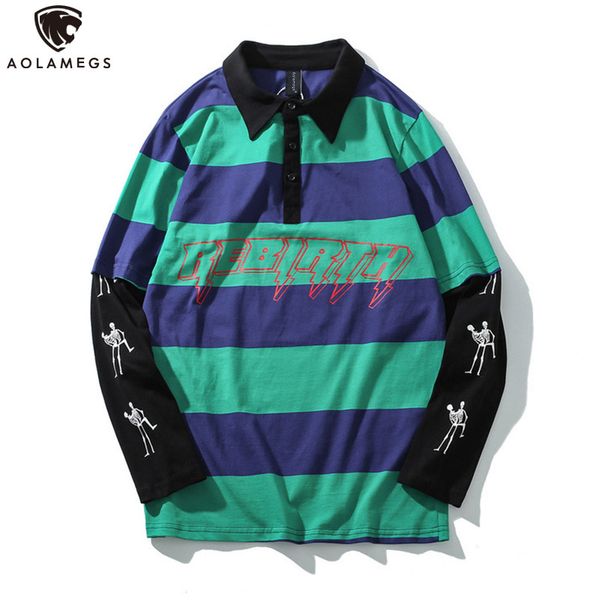 

aolamegs striped sweatshirt men turn-down collar fake 2 pieces pullover college style harajuku high street printed streetwear, Black
