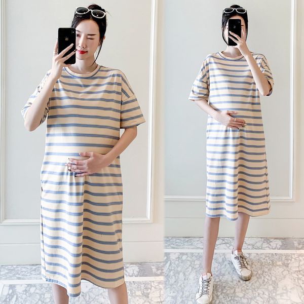

6698# summer casual striped cotton maternity long dress clothes for pregnant women loose pregnancy long tees sleep lounge wear, White