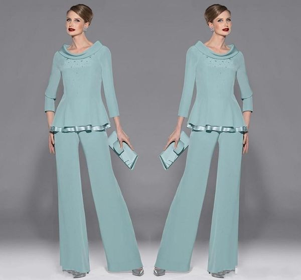 

mint green chiffon mothers pants suit jewel neckline long sleeve with beads and sequins two pieces for wedding party guest dresses, Black;red