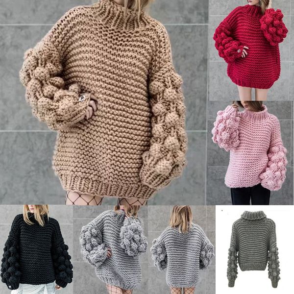

2019 new fashion womens ladies winter bobble bubble sleeve chunky knitted sweater jumper pullover 6 colors, White;black