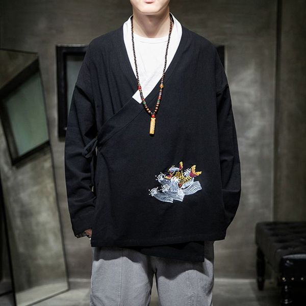 

sinicism store new mens spring embroidery jacket men chinese style 2020 male traditional belt cotton linen coats oversize, Black;brown