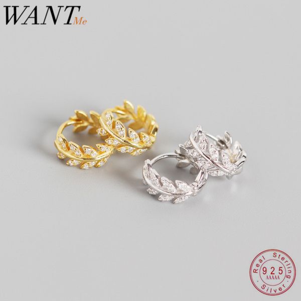 

wantme pave cz ins luxury olive branch leaf stud earrings for women real 100% 925 sterling silver teen gift fine hoop jewelry, Golden;silver
