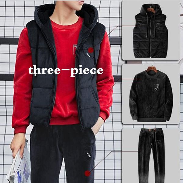

2018 men winter clothes three-piece the pleuche set +vest+pants plus size 4xl casual male sets black red gray