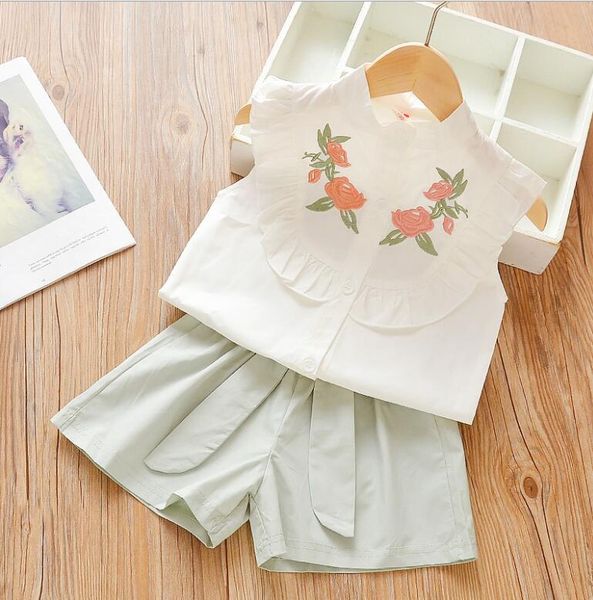 

2020 girls summer clothing set new children fashion wedding party suits kids cotton print +shorts 2pcs outfits for girl 2-6y, White