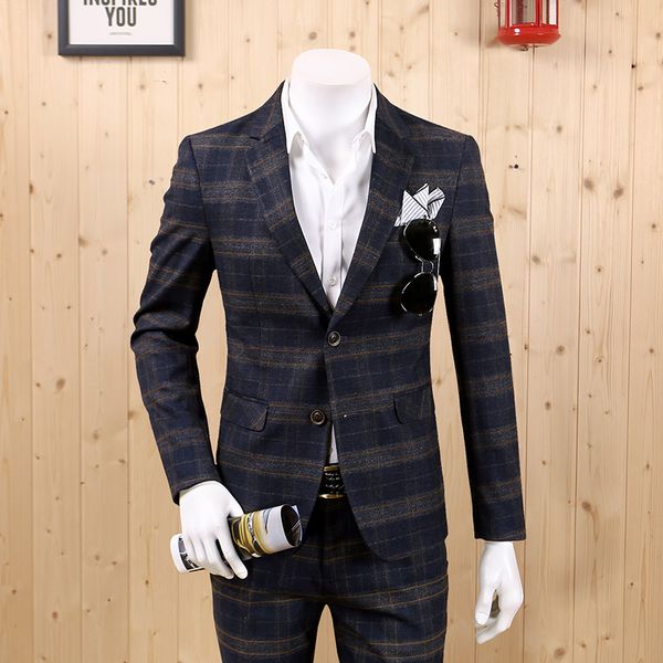 

men warm formal suits jackets blue plaid slim young man boyfriend father day gift wedding groom business blazers autumn winter, White;black