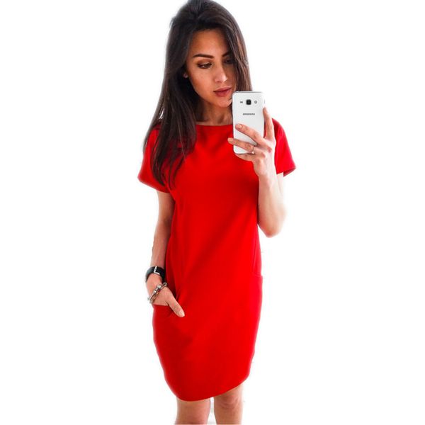 

O -Neck Short Sleeve Solid Party Dress Loose Straight Fashion Pockets Elegant Feminina Vestidos Casual Vintage Women Summer