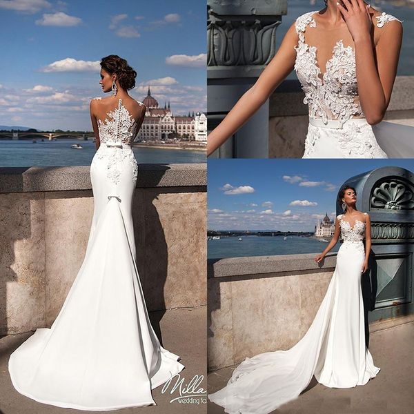 

Sheer Mermaid Wedding Dresses with Appliqued Lace Satin long Beach Wedding Gowns Custom Made Vestido De Novia