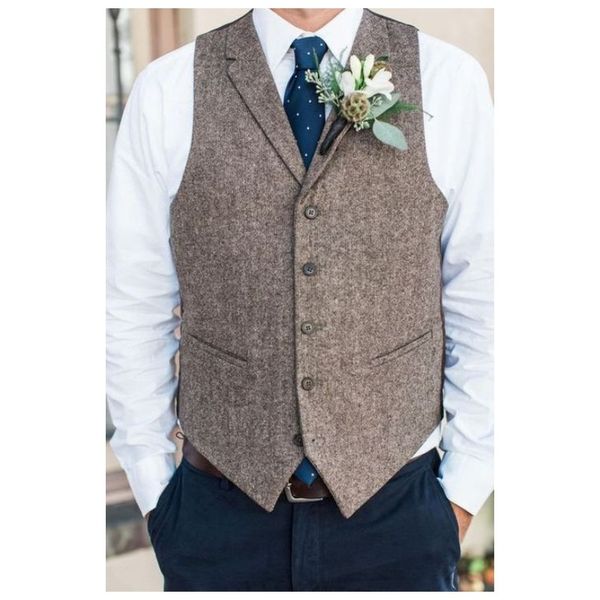 

dark brown groom vests 2019 wedding wool herringbone tweed groomsmen vests men's suit party prom farm country waistcoat custom made, Black