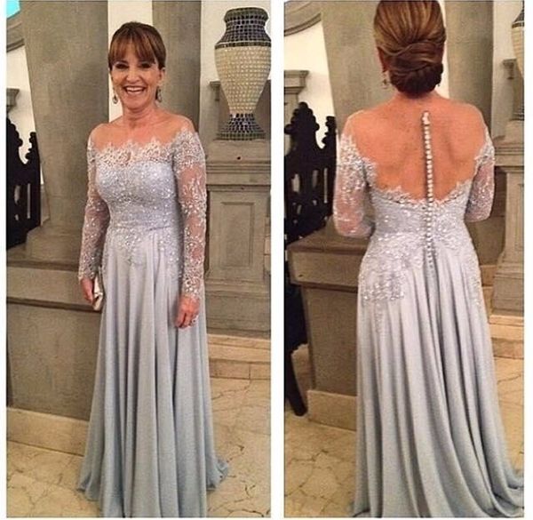 Vendita calda Grigio argento Una linea Madre della sposa Abiti per la madre senza spalline Maniche lunghe Appliques Pizzo con perline Nude Back Sheer Neck Prom Dress