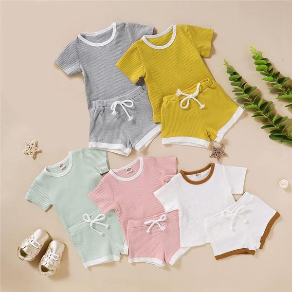 

kawaii 2020 toddler baby boys girls summer clothing newborn kids baby girls ribbed knitted short sleeve t-shirts+shorts tracksuits sets, Pink;blue