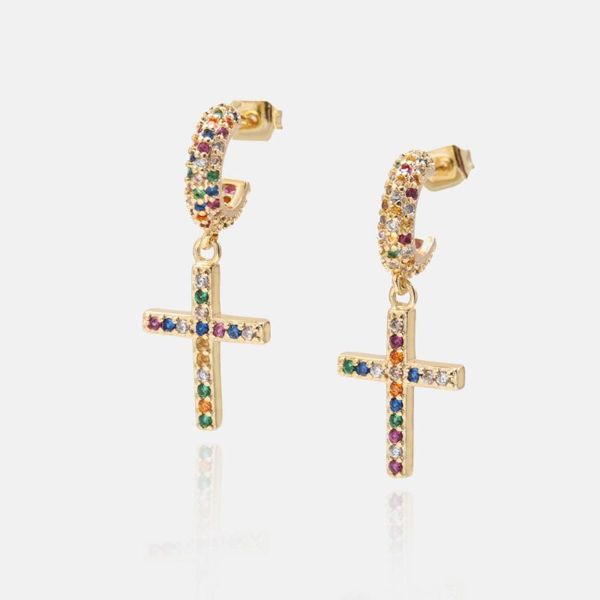 

new trendy cubic zirconia gold cross stud earrings fashion colorful cz crystal jewelry beautiful earrings for women hoop 2020, Golden;silver
